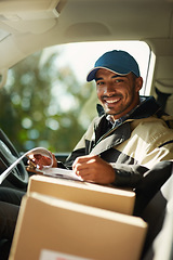 Image showing Writing, delivery and checklist with portrait of man in van for courier, logistics and shipping. Ecommerce, export and distribution with male postman in vehicle for mail, package and cargo shipment