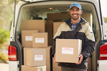 Image showing Shipping, delivery and box with portrait of man by van for courier, logistics and supplier. Ecommerce, export and distribution with male postman in vehicle for mail, package and cargo shipment