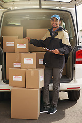 Image showing Box, delivery and portrait with man by van for courier, logistics and shipping. Ecommerce, export and distribution service with male postman and checklist for mail, package and cargo shipment