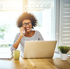 Image showing Phone call, laptop and black woman talking to contact and networking for startup business or company in a home office. Cellphone, freelance and entrepreneur or employee planning for remote work