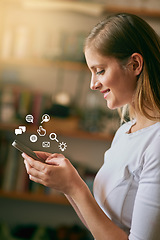 Image showing Icon, smile and woman with a smartphone, typing and connection for social media, communication and sms. Female person, network and girl with happiness, texting and digital chatting with a contact