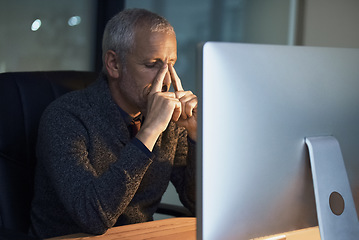 Image showing Night, office and stress headache by senior man on computer with problem crisis or internet glitch. Migraine, burnout and frustrated elderly male person working late on deadline, 404 or business fail