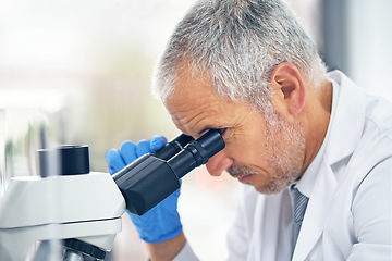 Image showing Microscope, science and face of man in laboratory for research, medical analysis and biotechnology. Professor, scientist and microbiology investigation of molecule, dna test or development of vaccine