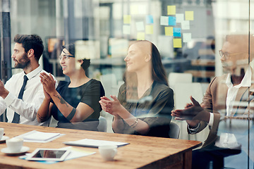 Image showing Business meeting, applause and people cheering n support of presentation, results or target success. Creative, team and clapping hands in conference for congratulations, well done and development