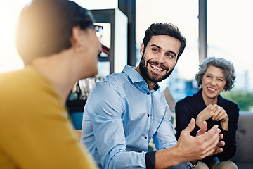 Image showing Planning, marketing and business people in a meeting, conversation and creative collaboration in modern office. Work, friends and person team in teamwork discussion for vision, strategy and goal