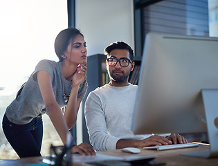 Image showing Advice, thinking and business people with a computer for training, strategy and collaboration. Confused, ideas and employees working on an online project with a pc for planning and problem solving