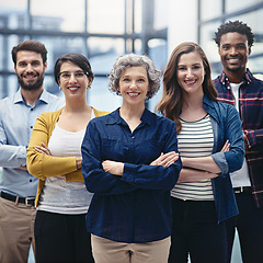 Image showing Team, leadership and portrait of woman with crossed arms in office for teamwork and collaboration. Happy, diversity and group of corporate employees standing with manager with confidence in workplace