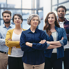 Image showing Team, leadership and portrait of business people with crossed arms in the office with confidence. Happy, collaboration and group of multiracial corporate employees with female manager in workplace.