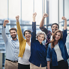 Image showing Celebration, portrait and business team with fist in office for confidence, motivation and teamwork. Happy, success and group of multiracial corporate employees to celebrate achievement in workplace.