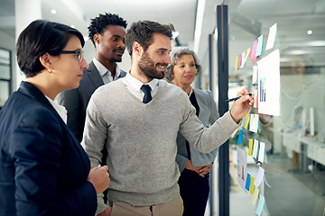 Image showing Business people, team and glass board with writing, brainstorming and talking for solution, ideas and goals. Group, moodboard and focus with leadership for proposal, project or teamwork in workplace