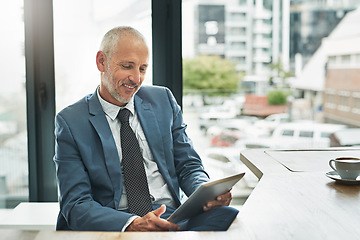 Image showing Tablet, smile and business man in office for networking, research and digital. Social media, internet and email with senior male employee browsing online for corporate, professional and communication