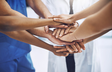 Image showing Teamwork, medical and support with hands of doctors for community, collaboration and solidarity. Medicine, healthcare and expert with closeup of people in meeting for target, goals and faith