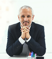 Image showing Smile, portrait and senior man in office happy, confident and empowered on white background. Face, confidence and elderly male CEO cheerful at desk, proud and satisfied with his corporate career