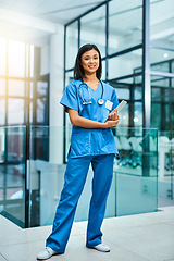 Image showing Nurse woman, portrait and smile with tablet for service, healthcare and happy for job in hospital. Asian female medic, happiness and tech for medical career, helping and pride for working in clinic
