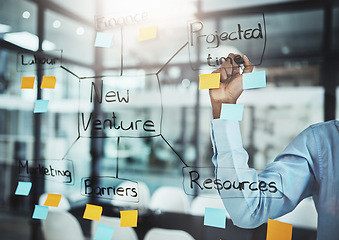 Image showing Businessman, hand and writing in schedule planning, brainstorming or strategy on glass board at office. Hands of man employee planner busy on project plan, tasks or sticky note mind map at workplace