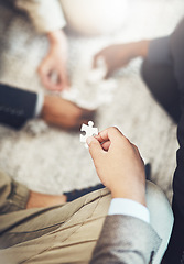 Image showing Businessman, hands and puzzle piece in team building, meeting or problem solving together at office. Hand of man person in teamwork, jigsaw activity or collaboration for project together at workplace