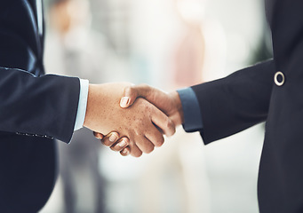 Image showing Business people, handshake and meeting in partnership, b2b or deal agreement at the office. Businessman shaking hands for hiring, recruitment or corporate growth in teamwork, welcome or introduction