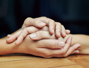 Image showing Closeup, healing and holding hands with love, trust and hope in a crisis, empathy and support. Zoom, people and friends with palms touching, peace and partnership with help, gratitude and kindness