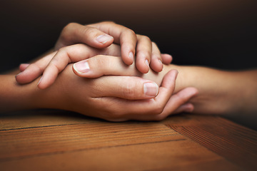 Image showing Closeup, love and holding hands for support, comfort and care with grief, loss and empathy. Zoom, people and friends with compassion, sympathy and healing with bonding, hope and trust with crisis