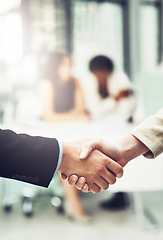 Image showing Collaboration, greeting and business people shaking hands in office after a meeting or interview. Partnership, team and closeup of corporate employees with handshake for deal or welcome in workplace.