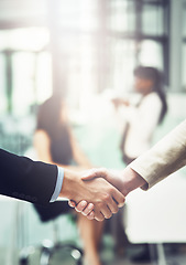 Image showing Partnership, handshake and business people in office for a deal, collaboration or corporate meeting. Teamwork, introduction and closeup of employees shaking hands for greeting or welcome in workplace