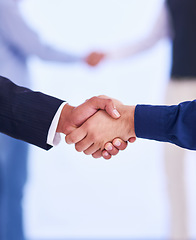 Image showing Handshake, partnership and business people with deal, collaboration or agreement. Shaking hands, cooperation and employees with opportunity, acquisition or b2b negotiation, congratulations and mockup