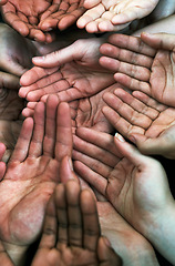 Image showing Open hands, diversity group and together with community, solidarity and support. Trust, faith and charity hands gesture with people and collaboration with crowd show palm and society and commitment