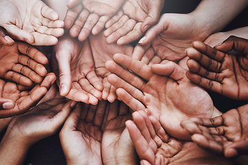 Image showing Open hands, diversity and palm together with community, solidarity and support. Above, faith or charity help gesture with people, collaboration and crowd or society union or global poverty commitment