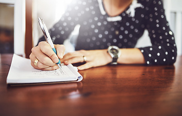 Image showing Woman, writing and home table with notebook and day schedule in a dinning room. Lens flare, female person and to do list in a house with notepad, page and book for planning to write a article