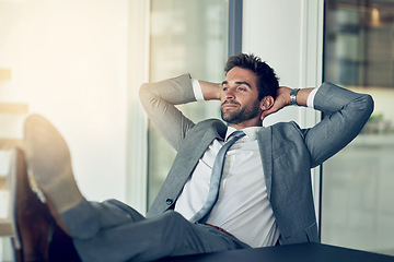 Image showing Relax, stretching and businessman with hands behind his head after finished project in the office. Rest, calm and happy professional male employee on a break with a success task in the workplace.