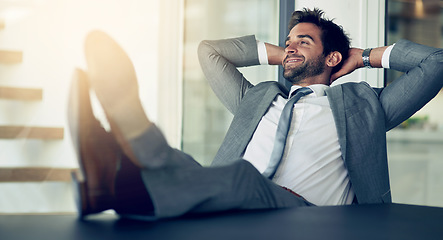 Image showing Rest, confidence and businessman with hands behind his head after finished project in the office. Relax, calm and happy professional male employee on a break with a success task in the workplace.