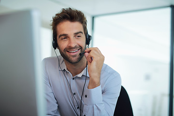 Image showing Call center, employee and man with telemarketing, customer service and conversation for advice. Male person, consultant and happy agent with headphones, communication and consulting with tech support