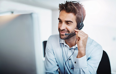 Image showing Telemarketing, customer service and man with communication, call center and service with help. Male person, employee and consultant with headphones, conversation and tech support in the workplace