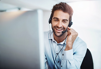 Image showing Telemarketing, agent and man with a smile, call center and conversation with advice, help and customer service. Male person, happy employee and consultant with headphones, tech support and connection