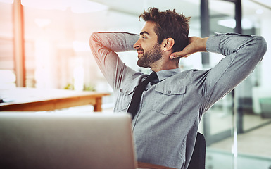 Image showing Relax, smile and laptop with business man in office for break, thinking and planning. Technology, internet and email with male employee in startup company for professional, connection and idea