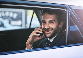 Image showing Phone call, smile and business man in car, travel or listening on journey in transport. Cellphone, taxi and male professional calling, happy and communication, discussion or conversation with contact