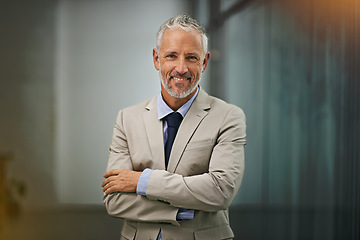 Image showing Portrait, confident and arms crossed with a business man in his office, looking happy about his company growth. Mission, mindset and vision with a senior male corporate manager standing at work