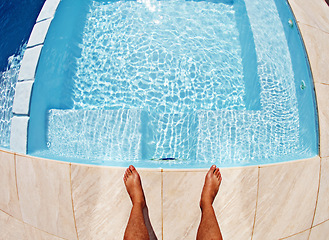 Image showing Swimming pool, man and above feet outdoors for training, relax and summer fun while on vacation. Top view, water and barefoot male standing at the poolside for swim, workout or routine practice