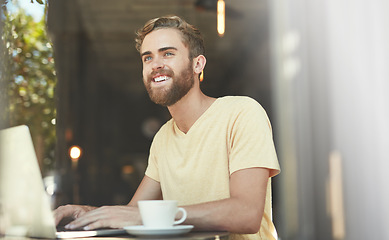 Image showing Coffee shop laptop, typing and happy man think of freelance blog inspiration, online retail review or cafe idea. Thinking, restaurant and small business owner, customer or person smile for store plan