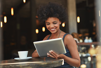 Image showing Coffee shop store, tablet and happy woman reading online blog story, positive customer experience review or service feedback. Cafe manager, freelance blog or person smile for restaurant sales revenue