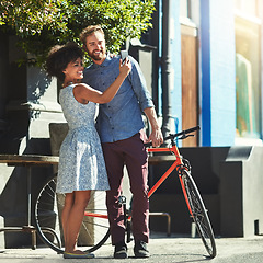 Image showing Happiness, selfie and diversity couple of city friends with outdoor picture memory of date, romance or morning bike commute. Bicycle, urban bonding and marriage people post photo to social media app