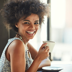 Image showing Cafe portrait, happiness or woman with tea cup, smile and happy for beverage, hot chocolate or morning hydration drink. Wellness, laugh and female customer in coffee shop, restaurant or retail store