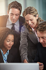 Image showing Laptop, meeting and problem solving with a business team planning in the workplace of a professional office. Teamwork, collaboration and computer with an employee group working together on a project