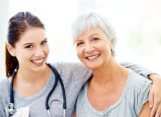 Image showing Retirement, happy portrait of caregiver and old woman in nursing home, trust and support in healthcare. Senior care, nurse visit and healthy elderly patient with happiness and doctor smile on face.