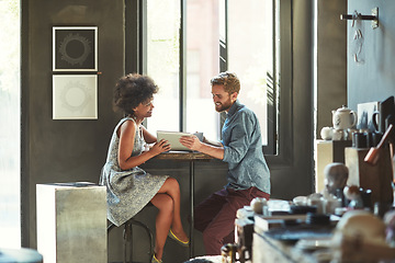 Image showing Coffee shop team, tablet and happy people reading online research, positive customer experience review or feedback. Cafe management, diversity teamwork and partner smile for restaurant sales revenue