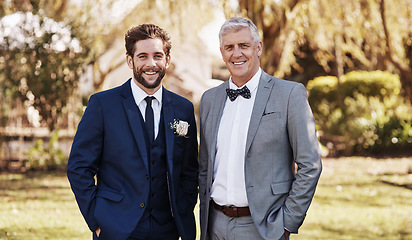 Image showing Groom, wedding and portrait of a man and dad outdoor with a smile and happiness in nature. Happy men together in a garden for a formal event or celebration with elegant clothes, suit and family