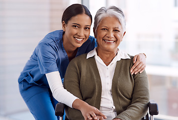 Image showing Portrait, healthcare or disability with a nurse and old woman in a wheelchair during a nursing home visit. Smile, medical or retirement with a happy female medicine professional and senior client