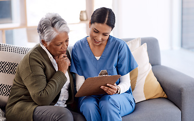 Image showing Healthcare, documents and a nurse talking to an old woman patient in a nursing home for treatment. Medical, retirement and insurance with a female medicine professional speaking to mature client