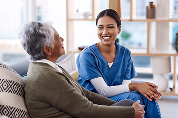 Image showing Healthcare, happy and a nurse talking to an old woman in a nursing home during a visit or checkup. Medical, smile and a female medicine professional having a conversation with a senior resident