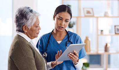 Image showing Telehealth, senior woman or doctor with digital tablet, consultation or planning treatment for cure. Female person, employee or medical professional with a patient, women or technology for healthcare